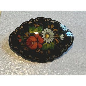 Russian Hand Crafted Enamel Lacquer Brooch Artist Signed  Flowers Gold Trimmed